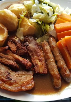 A picture of Belly pork and Pork Sausage Roast. 😘.