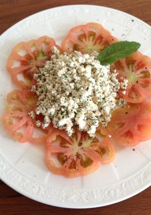 A picture of Bull's heart tomato with Feta cheese Turkish style.