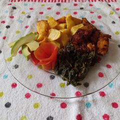 A picture of Braised chicken, sauteed' potatoes with coconut managu.