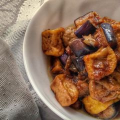 A picture of Tofu Eggplant and Meatballs in Sweet Soy Sauce.