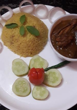 বাসন্তী পোলাও আর চিকেনকষা(Basonti pulao are chicken kosha recipe in bengali) রেসিপির প্রধান ছবি