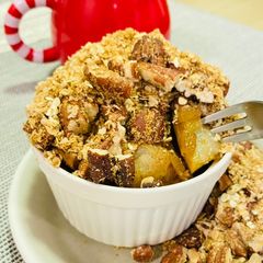 A picture of Pecan Pear crumble with candied ginger (Microwave 5 mins).