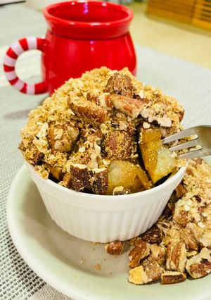 A picture of Pecan Pear crumble with candied ginger (Microwave 5 mins).