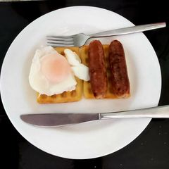 A picture of Toasted Potato Waffles, Sausage and Poached Egg 😋.