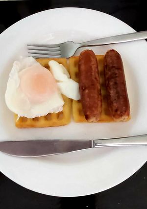 A picture of Toasted Potato Waffles, Sausage and Poached Egg 😋.