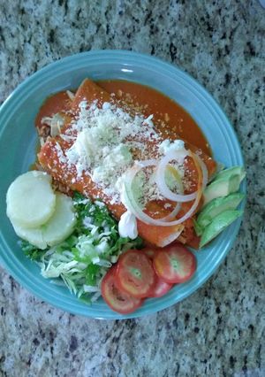 A picture of Enchiladas with Tomato Sauce.