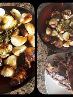 Una foto de Asado con guarnición diferente. (hongos, papas, cebollas...)