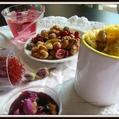Zard Pulao/sweet rice pudding/rose petal cordial and gulkhand A picture of Zard Pulao/sweet rice pudding/rose petal cordial and gulkhand.