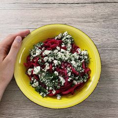 A picture of Beetroot pasta with feta topping❤️.