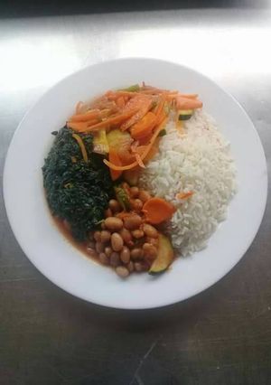A picture of Fried beans, spinach, mixed veges n steamed Rice. #Vegan contest.