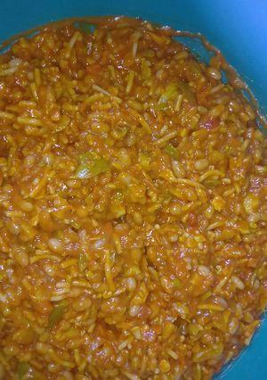 A picture of Pasta salad with achar.
