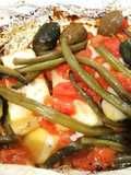 Cuore di Merluzzo al Cartoccio con Fagiolini, Pomodori e Olive Verde al Forno