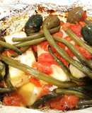 Cuore di Merluzzo al Cartoccio con Fagiolini, Pomodori e Olive Verde al Forno