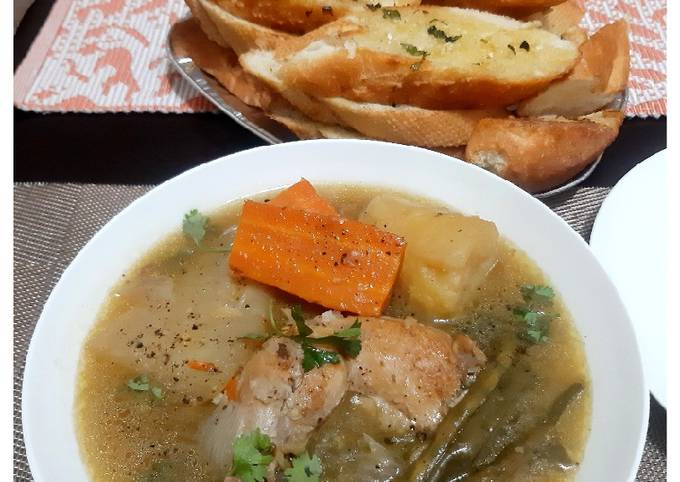 Chicken Vegetable Soup with Garlic Basil Toast Recipe by Jibita