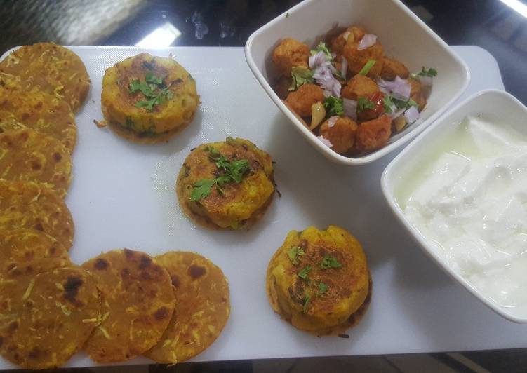 Bottle gourd (lauki) Paratha with fried soya chunks and aloo tikki