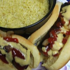 Smoked Sausage with Hot Mustard with a side of Ramen A picture of Smoked Sausage with Hot Mustard with a side of Ramen.