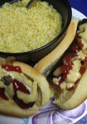 A picture of Smoked Sausage with Hot Mustard with a side of Ramen.