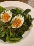 Savoy cabbage with soft boiled eggs and furikake