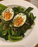 Savoy cabbage with soft boiled eggs and furikake
