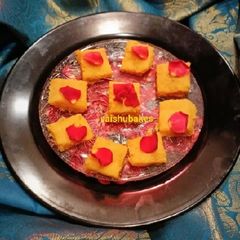 A picture of Kesar Rose Kalakand using Alum powder.