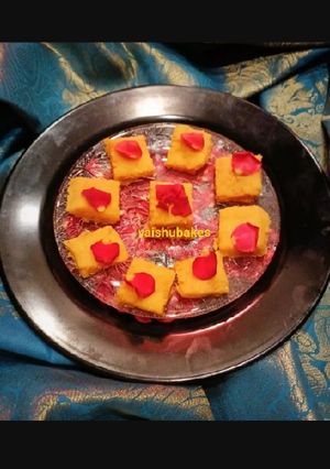 A picture of Kesar Rose Kalakand using Alum powder.