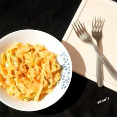 Homemade Fettuccine Pasta In Alfredo Sauce A picture of Homemade Fettuccine Pasta In Alfredo Sauce.