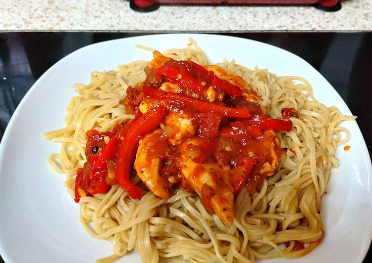 Recipe of Super Quick Homemade My Sweet Hot Chilli Chicken. On Noodles 😘