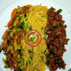 Spaghetti on tomato sauce,wet fry beef, sauteed vegetables.., A picture of Spaghetti on tomato sauce,wet fry beef, sauteed vegetables..,.
