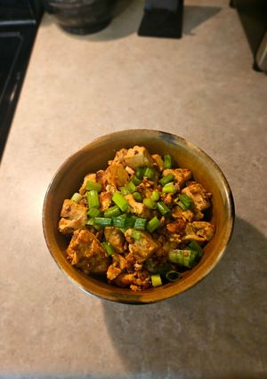 A picture of Marinated tofu and rice.