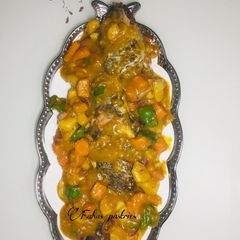 A picture of Italian grilled fish with potatoes soup.