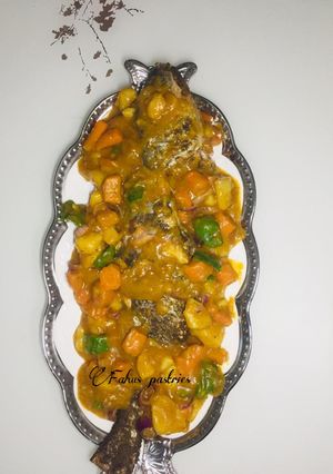 A picture of Italian grilled fish with potatoes soup.
