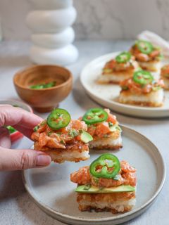 A picture of Crispy Rice with Salmon Poke.