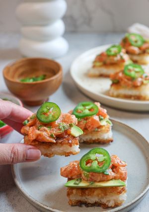A picture of Crispy Rice with Salmon Poke.