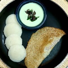 A picture of Samak Rice Idli-Dosa with coconut mint curd dip.