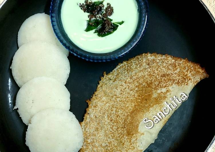 Recipe of Ultimate Samak Rice Idli-Dosa with coconut mint curd dip