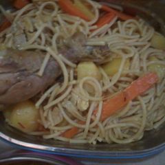 A picture of Spagethti and Chicken for Lunch(kids lunch).