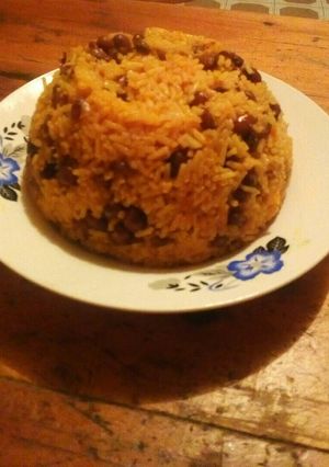 A picture of Tumeric rice with beans.