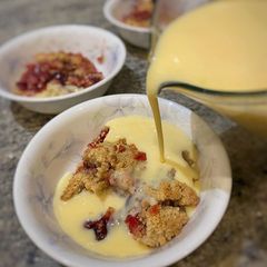 A picture of Apple and blackberry crumble.