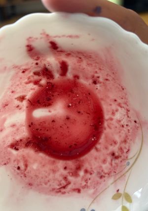 A picture of My 9 year old strawberry and blueberry jam recipe.