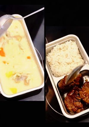 Hình của món Cơm nhà 10 - cơm buger bò xốt teriyaki, canh gà rau củ nấu sữa.