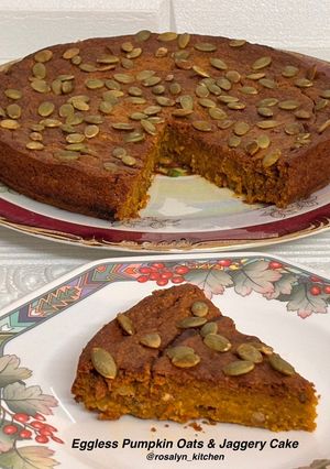 A picture of Eggless Pumpkin Oats & Jaggery Cake – Kid-Friendly, Wholesome & Guilt-Free Treat.