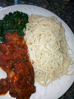 A picture of Spaghetti with Vegetable sauce and Chicken Stew.