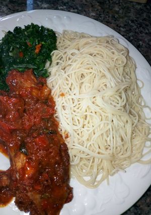 A picture of Spaghetti with Vegetable sauce and Chicken Stew.
