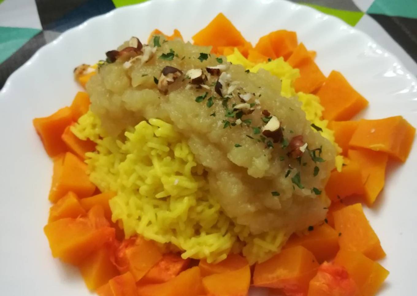 Calabaza, arroz y manzana