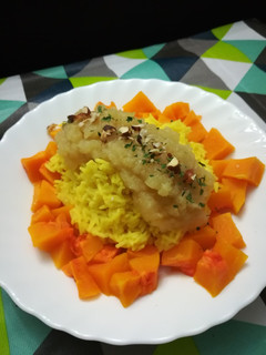 Una foto de Calabaza, arroz y manzana