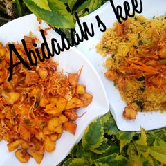 A picture of Danbun couscous with plaintain sauce And cabbage.