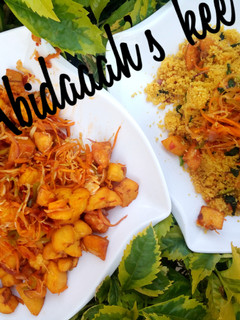 A picture of Danbun couscous with plaintain sauce And cabbage.