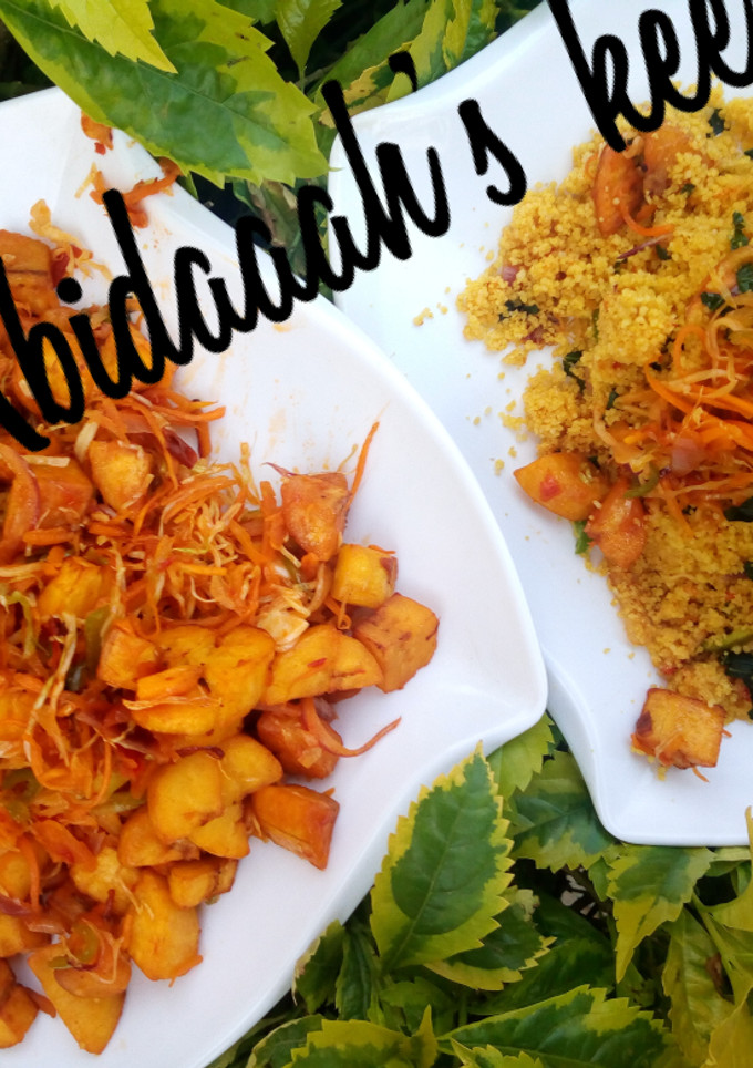 A picture of Danbun couscous with plaintain sauce And cabbage.