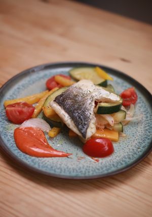 A picture of Seabass with braised courgettes & Gochujang mayo.