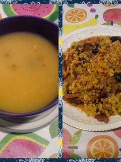 Una foto de 2 en 1. Arroz con ternera, verduras y salsa de soja y arroz caldoso con ternera y verduras